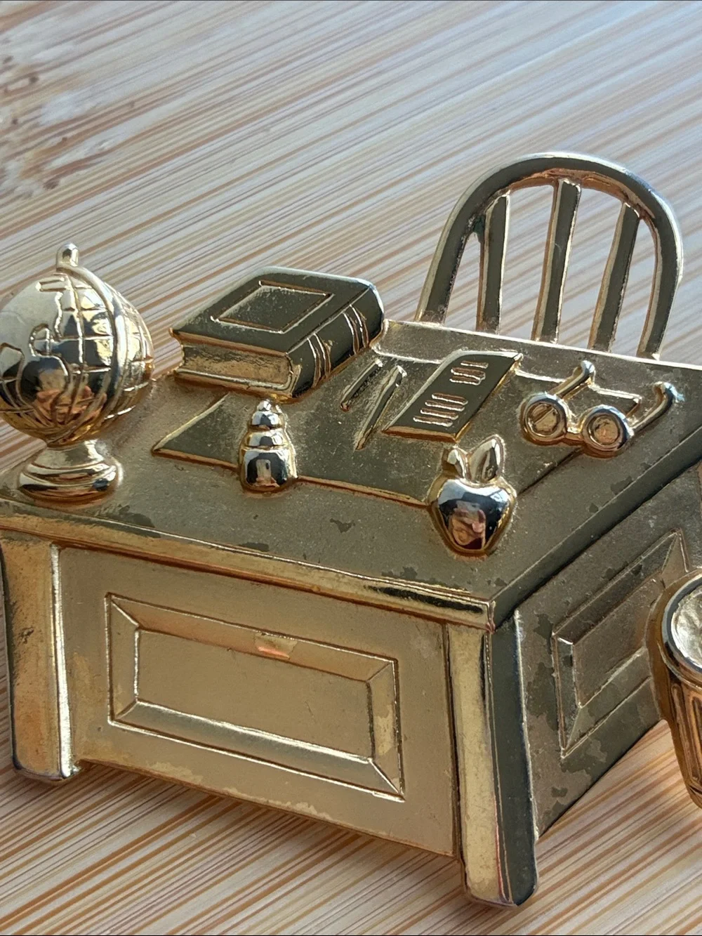 Vintage Gold-Tone Teacher Desk Brooch With Chair & Globe